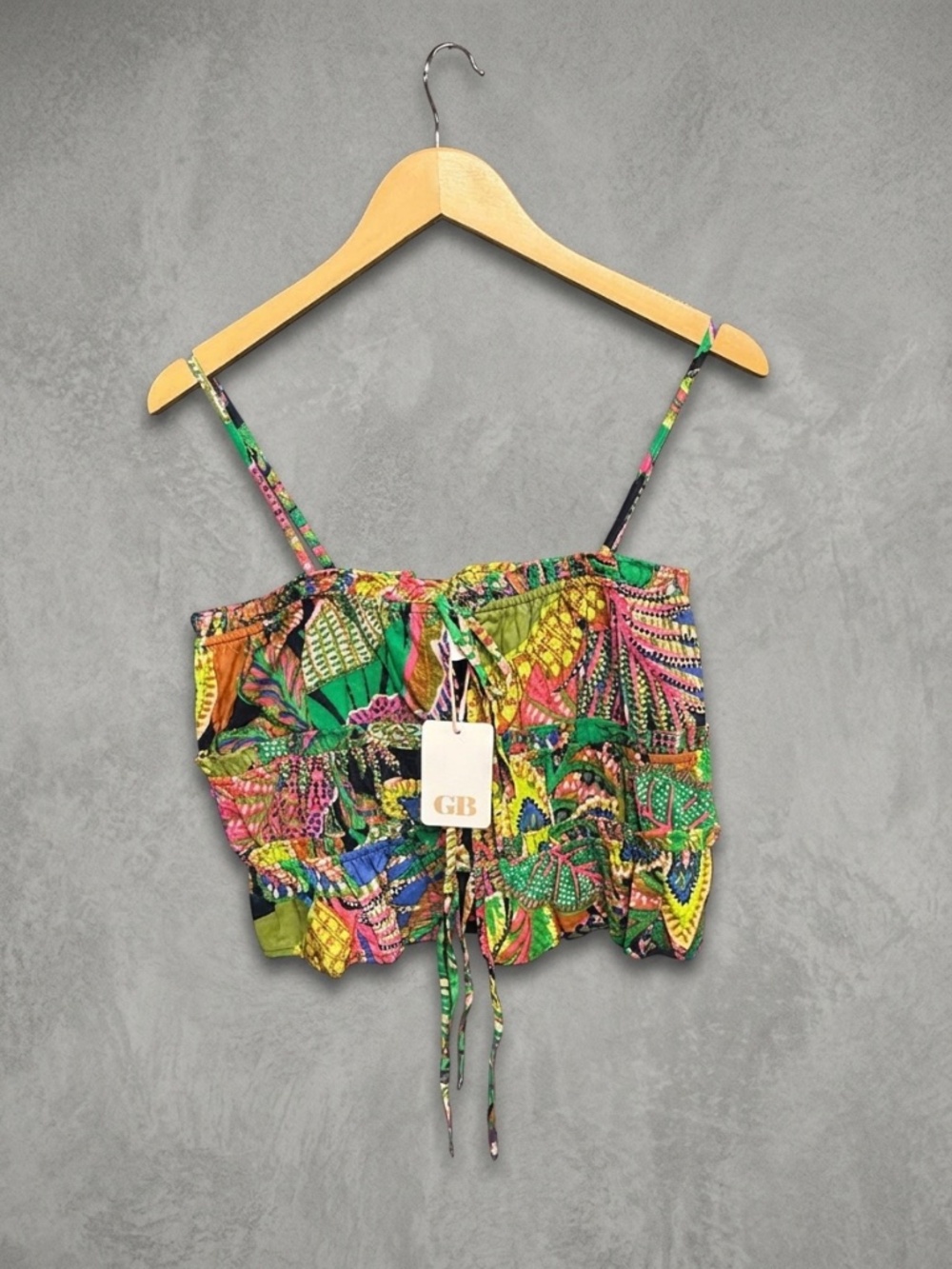 NWT GB Multi-Color Tropical Paisley Floral Smocked Ruffle Crop Top XL Boho Beach